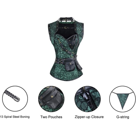 Women First Green Steampunk Vintage Spiral Steel Boned Corset Bustier - Picture 4 of 7